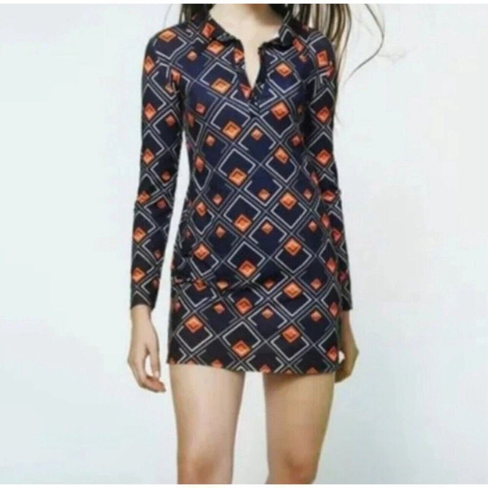 Zara Black Mini Dress with Orange Geometric Print